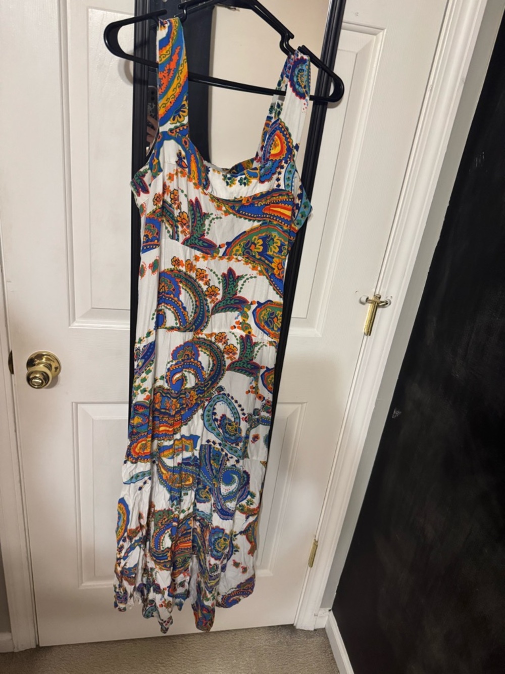 STATE White Maxi Dress with Blue, Orange, Green & Purple Paisley